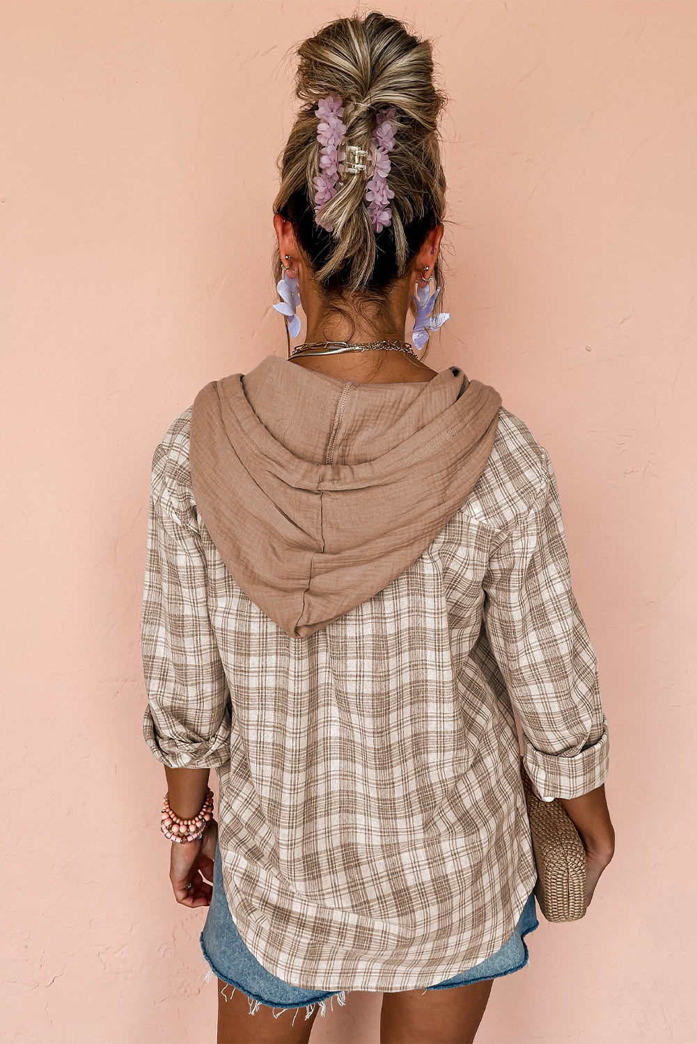Khaki Checkered Print Loose Fit Buttoned Hooded Shacket-Chaelisa's New Jammies