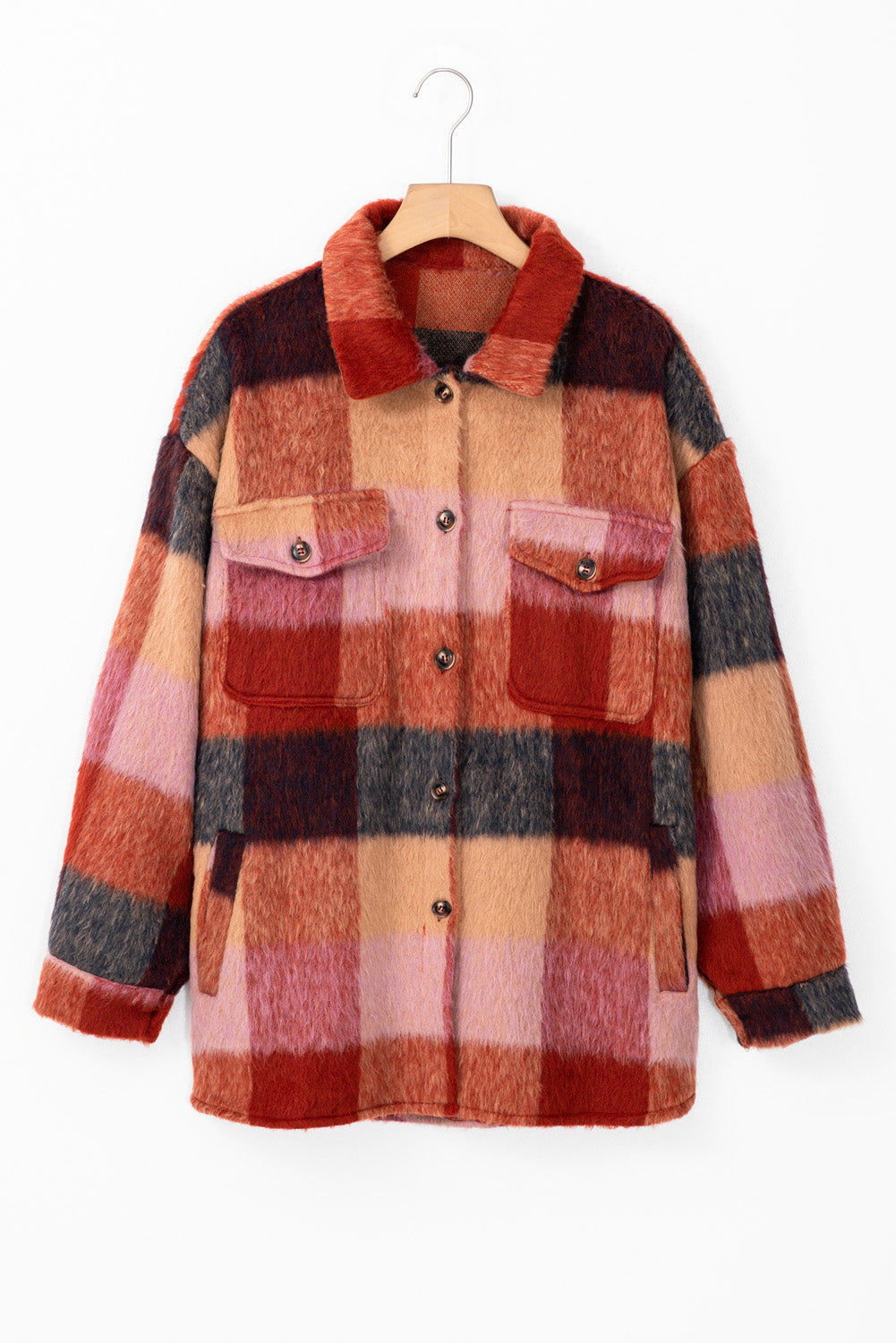 Orange Plaid Print Flap Pockets Buttoned Casual Plus Size Jacket-Chaelisa's New Jammies