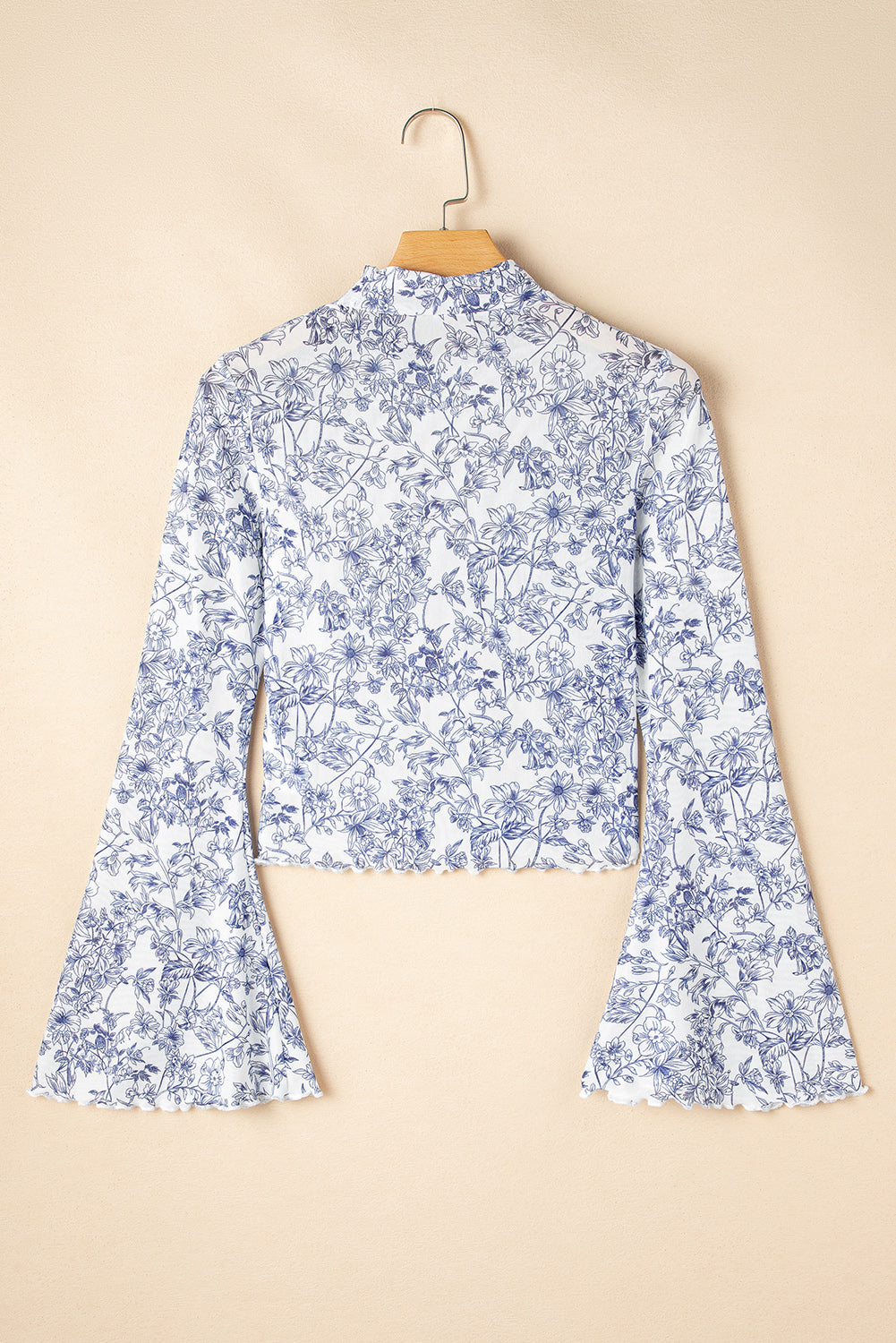 Sky Blue Floral Bell Sleeve Mock Neck Crop Mesh Top-Chaelisa's New Jammies