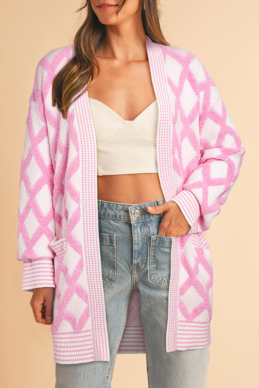 Pink Rhombus Pattern Knit Open Front Pocketed Cardigans-Chaelisa's New Jammies