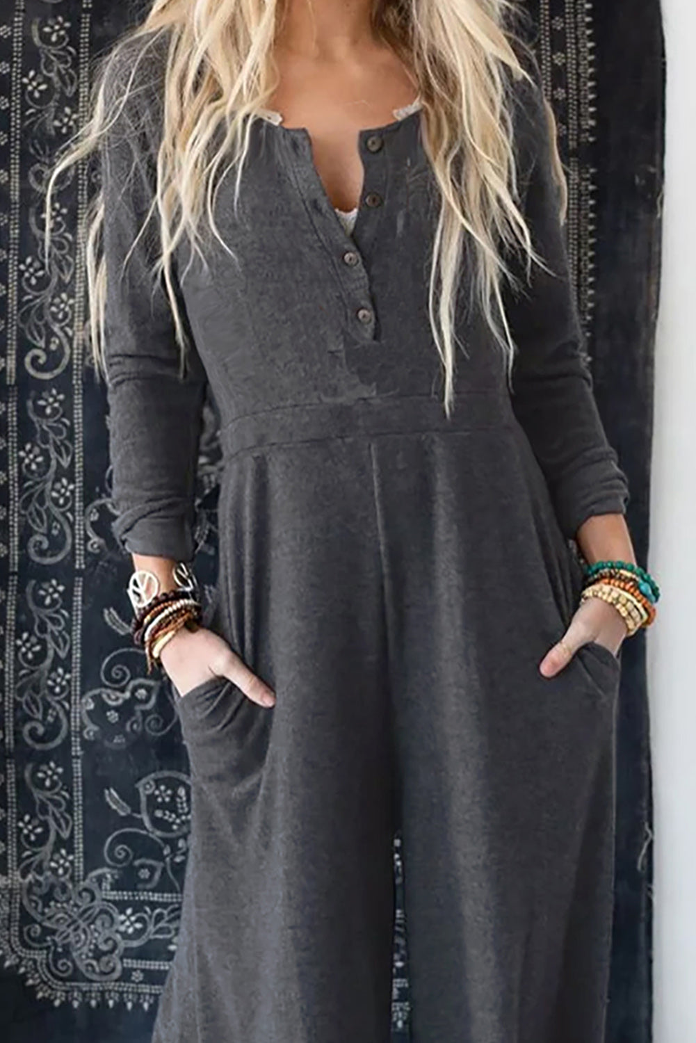 Gray Button Long Sleeve Wide Leg Jumpsuit-Chaelisa's New Jammies