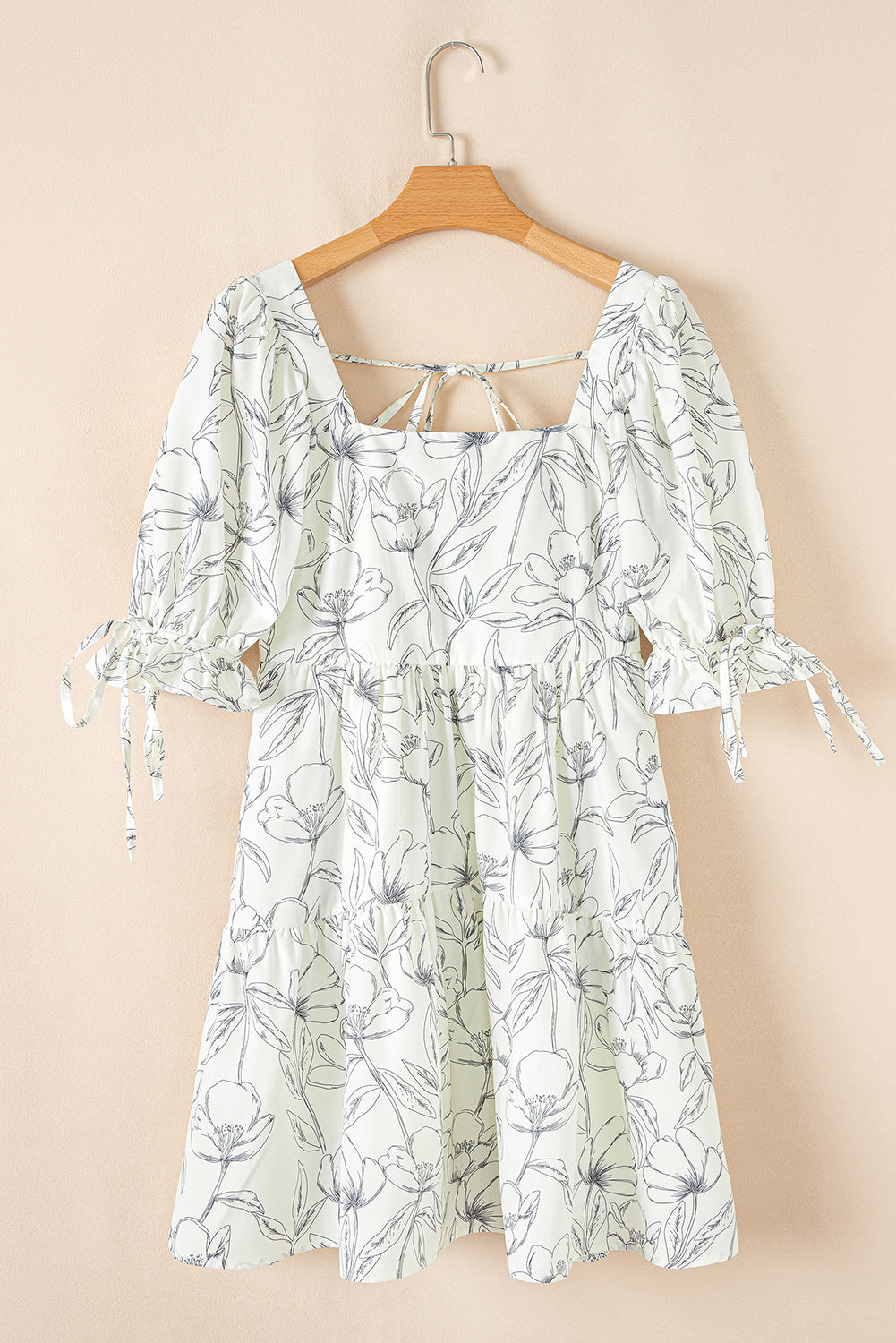 Beige Floral Print Square Neck Shirred Back Puff Sleeve Mini Dress-Chaelisa's New Jammies