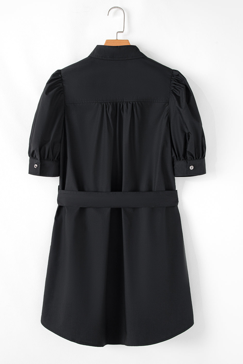 Black Button Up Tie Waist Puff Sleeve Mini Dress-Chaelisa's New Jammies