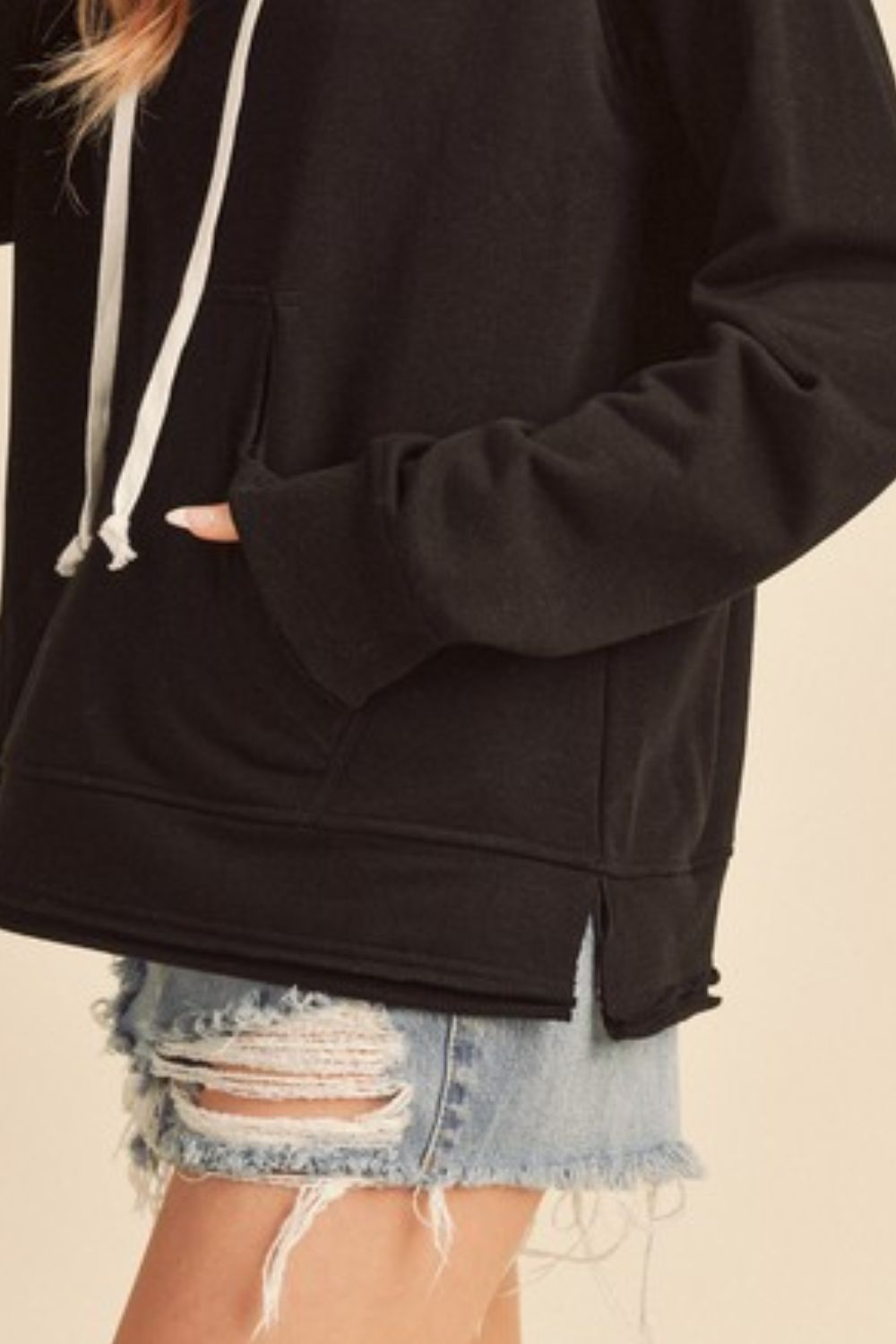 Aemi + Co Raw Hem Kangaroo Pocketed Drawstring Hoodie-Chaelisa's New Jammies