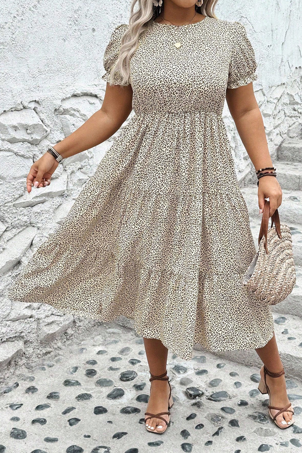 Beige Plus Size Leopard Print Frill Trim Short Sleeve Flared Dress-Chaelisa's New Jammies