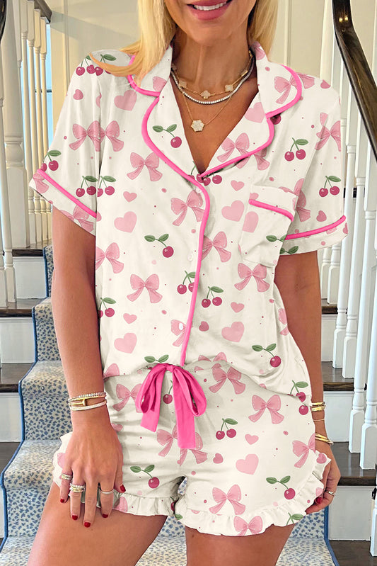 Beige Bow Fruit Print Contrast Pipping Short Pajamas Set-Chaelisa's New Jammies