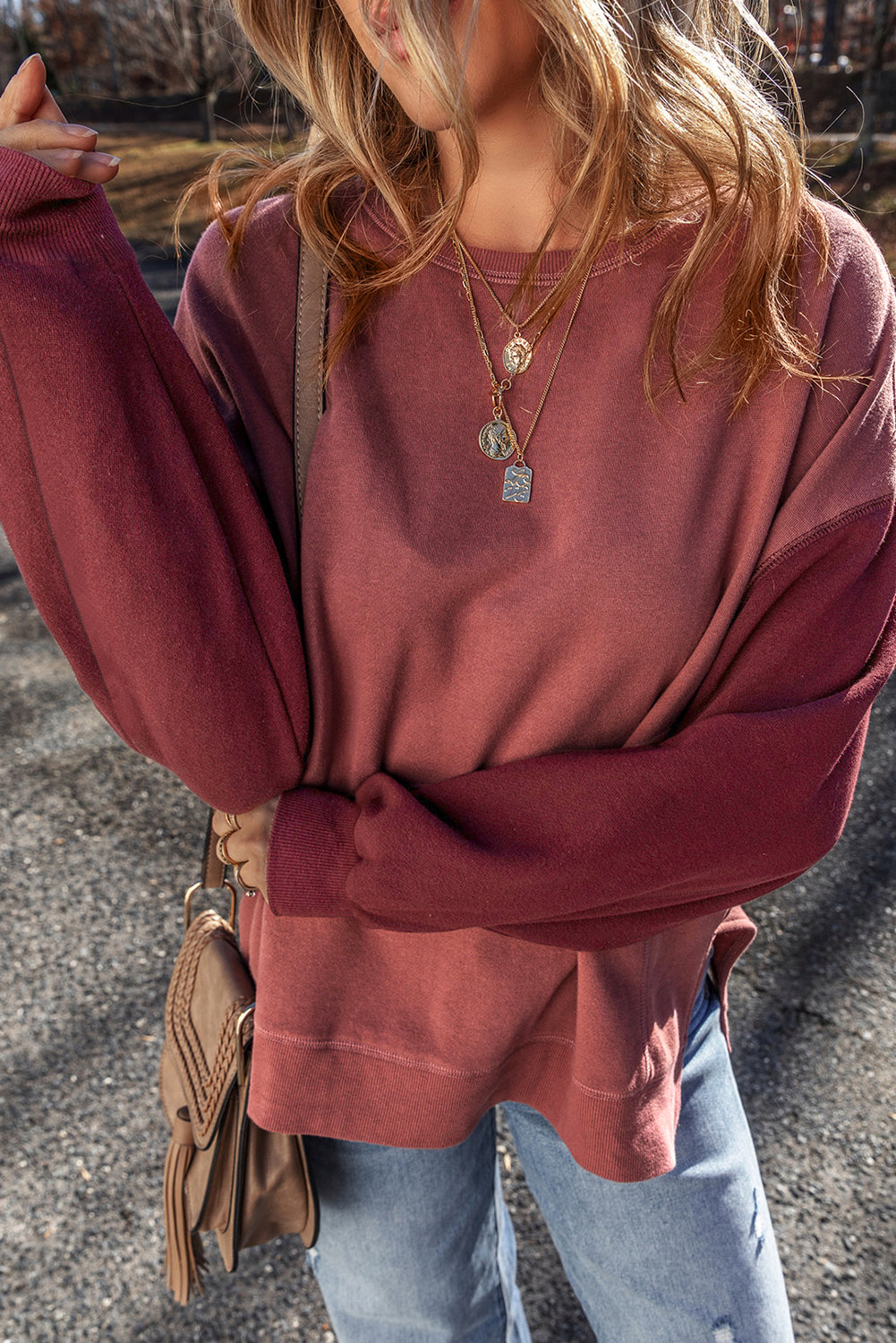 Mineral Red Two Tone Patchwork Drop Shoulder Pullover Sweatshirt-Chaelisa's New Jammies