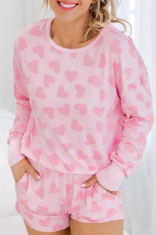 Pink Valentine Heart Shape Print Long Sleeve Top Shorts Lounge Set-Chaelisa's New Jammies