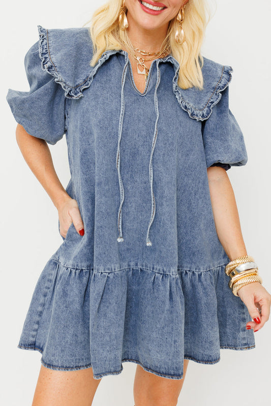 Dusk Blue Ruffled Collared Side Pockets Puff Sleeve Denim Mini Dress-Chaelisa's New Jammies