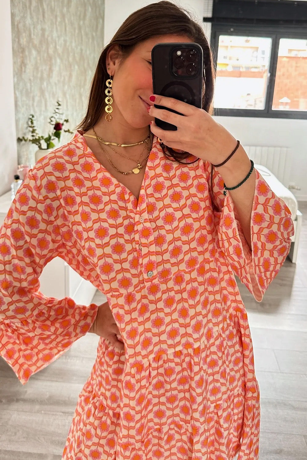 Orange Floral Print Flounce Sleeve Buttoned Front Mini Dress-Chaelisa's New Jammies