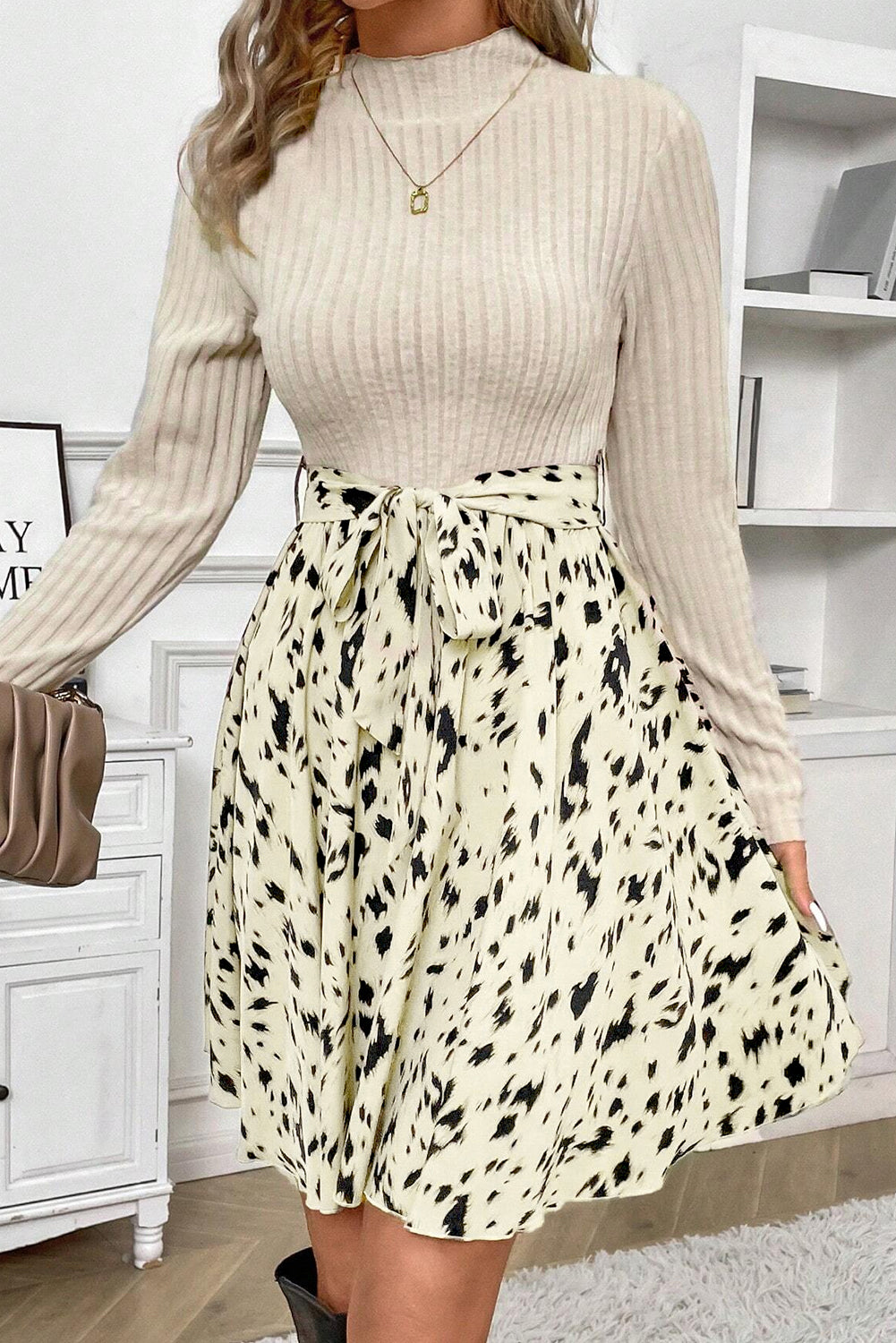 Beige Ribbed Knit Patchwork Printed Belted A-line Dress-Chaelisa's New Jammies