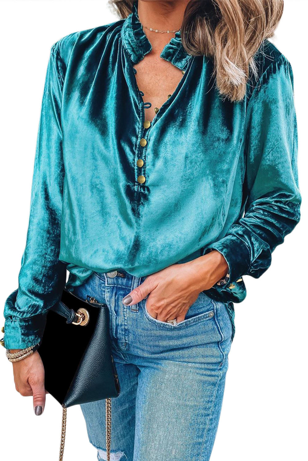 Navy Blue Frilled Buttoned V Neck Velvet Blouse-Chaelisa's New Jammies