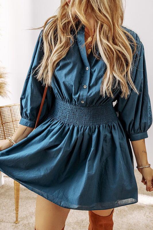 Prussian Blue 3/4 Sleeve Shirred High Waist Buttoned Mini Dress-Chaelisa's New Jammies
