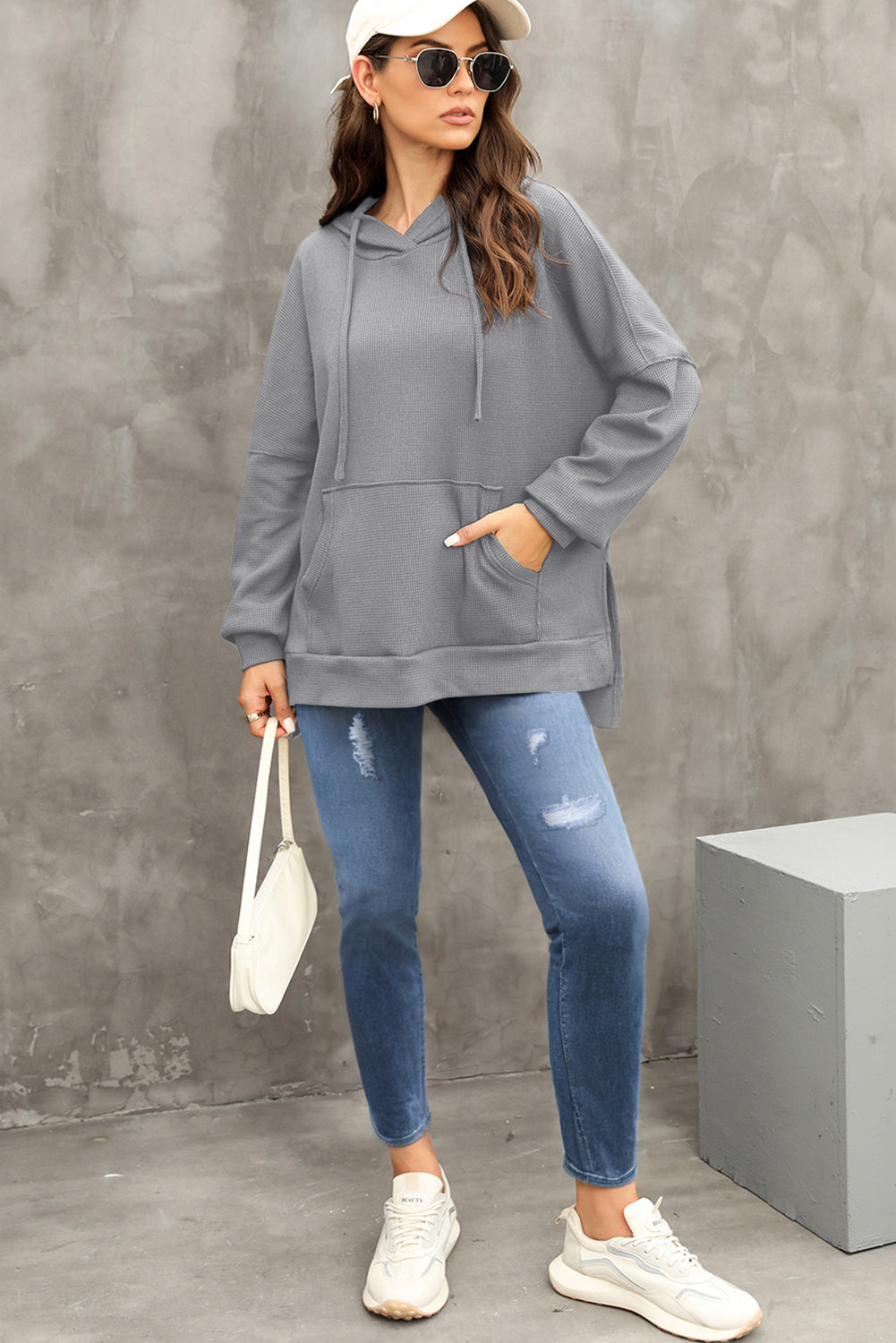 Gray Waffle Knit Fleece Lined High Low Oversized Hoodie-Chaelisa's New Jammies