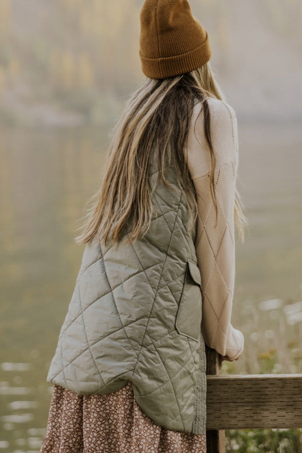 Grass Green Quilted Long Vest Jacket with Pockets-Chaelisa's New Jammies