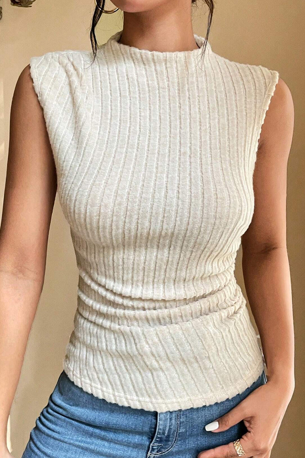 Apricot Ribbed Knit Mock Neck Tank Top-Chaelisa's New Jammies