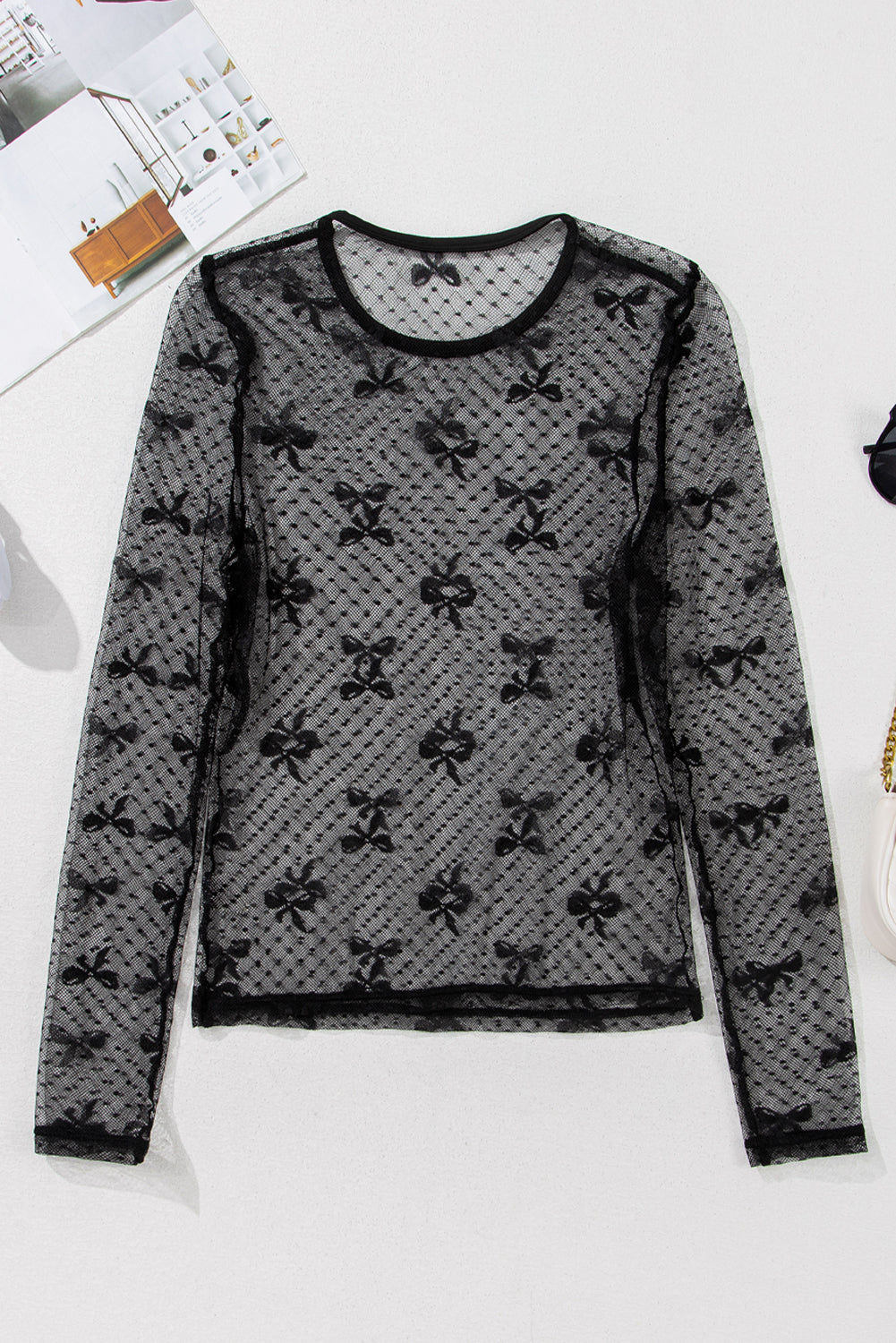 Black Bow Pattern Accent Mesh Long Sleeve Top-Chaelisa's New Jammies