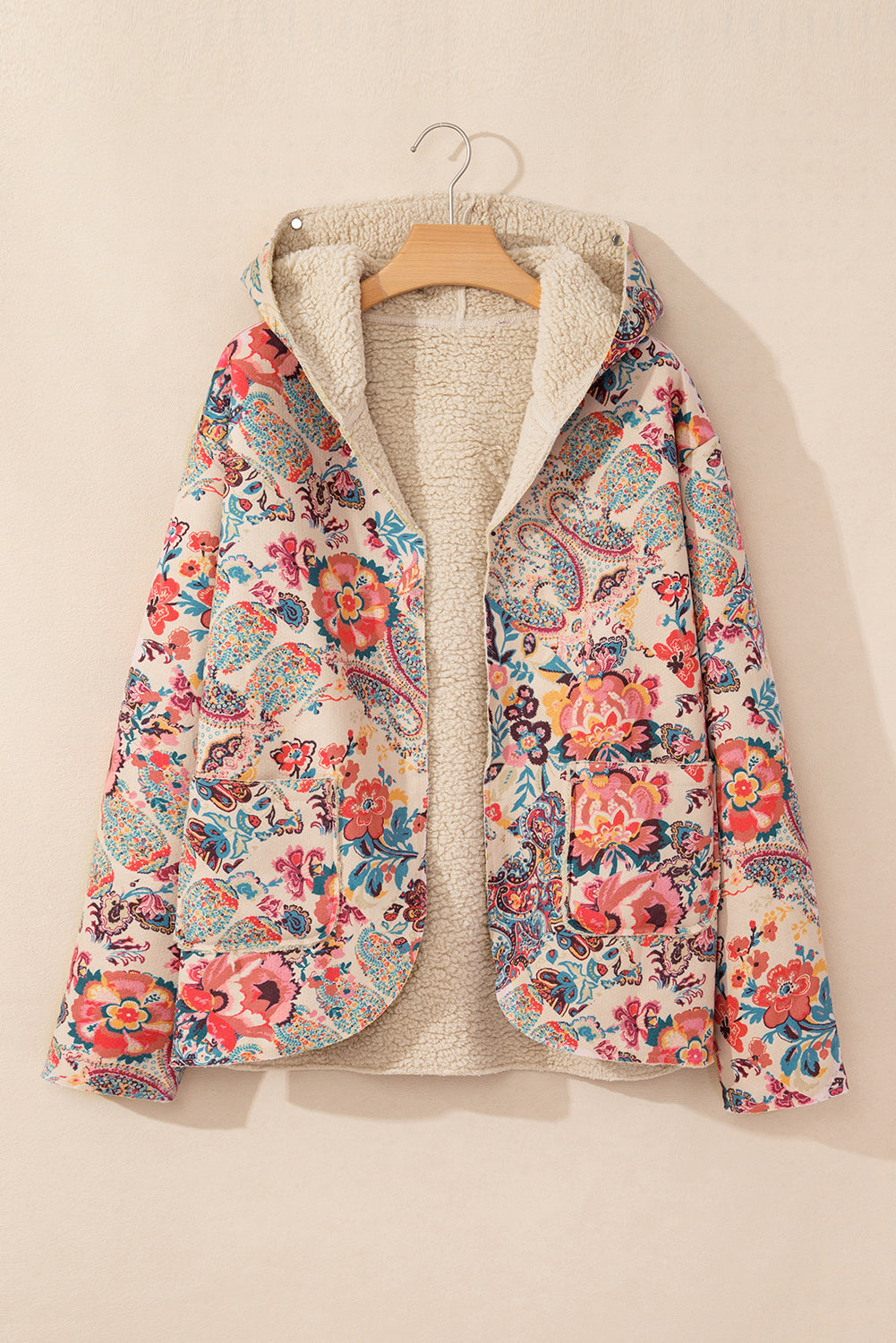 Beige Vintage Paisley Floral Printed Sherpa Lined Hooded Jacket-Chaelisa's New Jammies