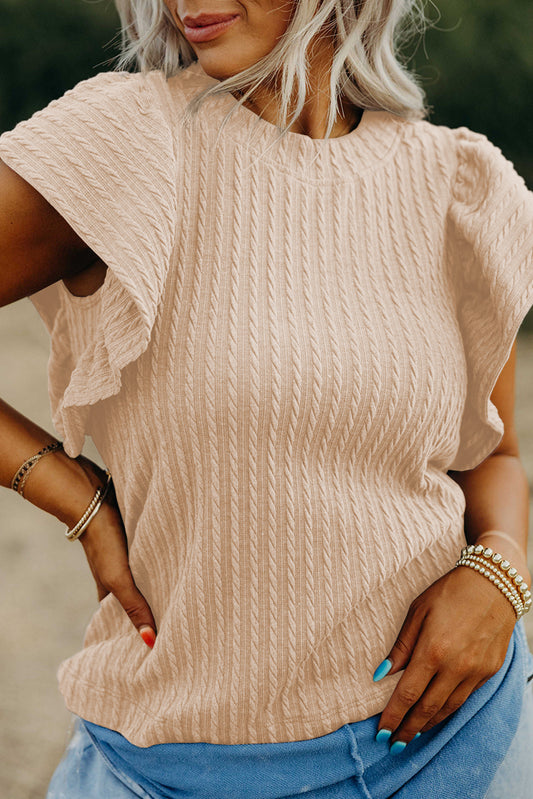 Beige Solid Color Textured Flutter Sleeve Top-Chaelisa's New Jammies