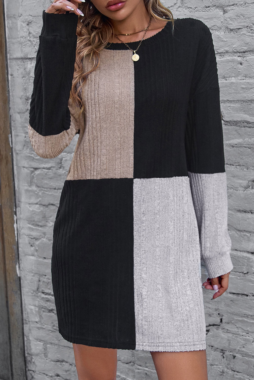 Black Ribbed Color Block Drop Shoulder Long Sleeve Mini Dress-Chaelisa's New Jammies
