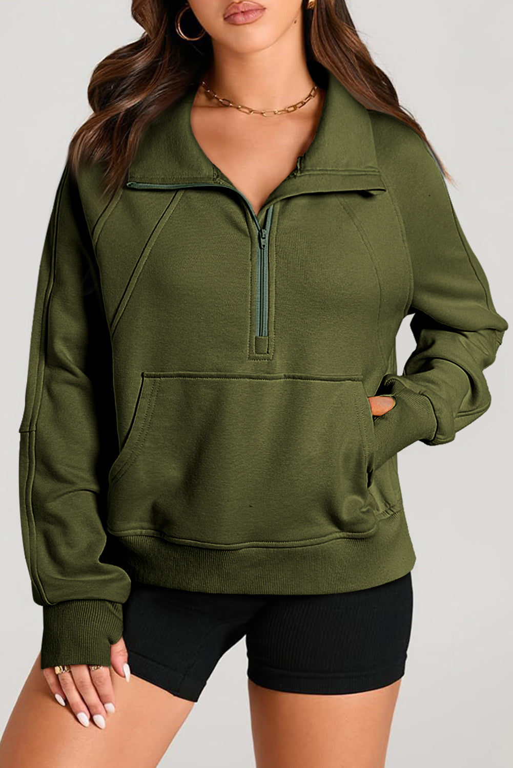 Moss Green Quarter Zip Stand Neck Kangaroo Pocket Sweatshirt-Chaelisa's New Jammies