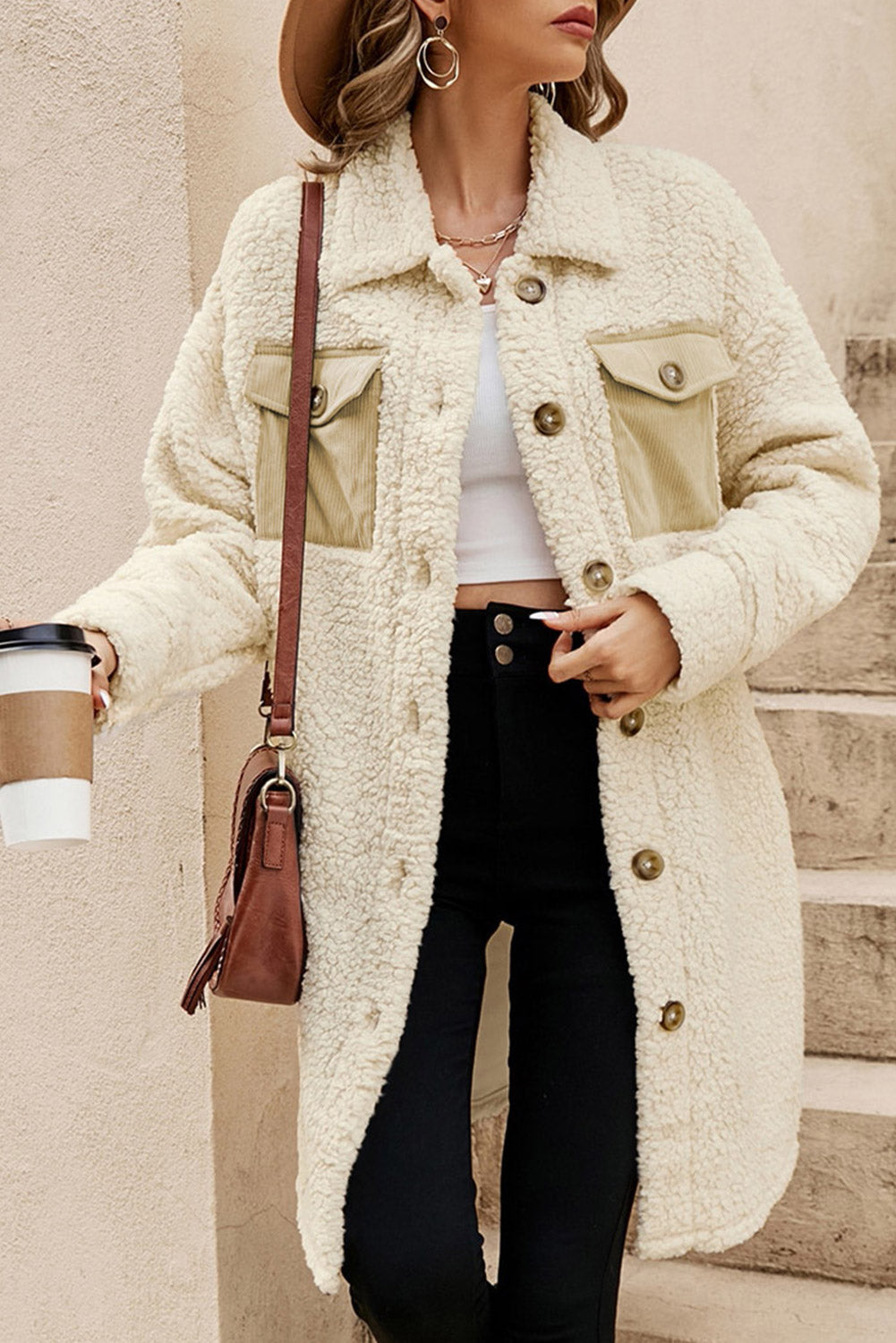 Beige Contrast Flap Pocket Single Breasted Teddy Coat-Chaelisa's New Jammies