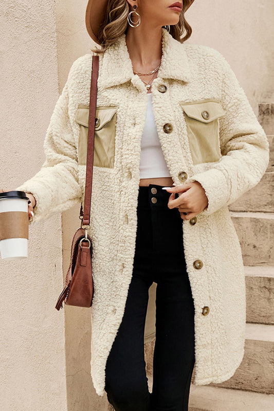 Beige Contrast Flap Pocket Single Breasted Teddy Coat-Chaelisa's New Jammies