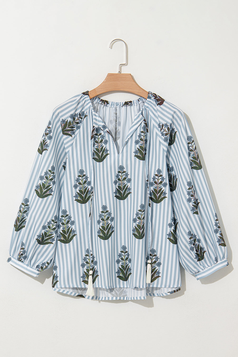 Beau Blue Striped Floral Printed Long Sleeve Tied V Neck Blouse-Chaelisa's New Jammies