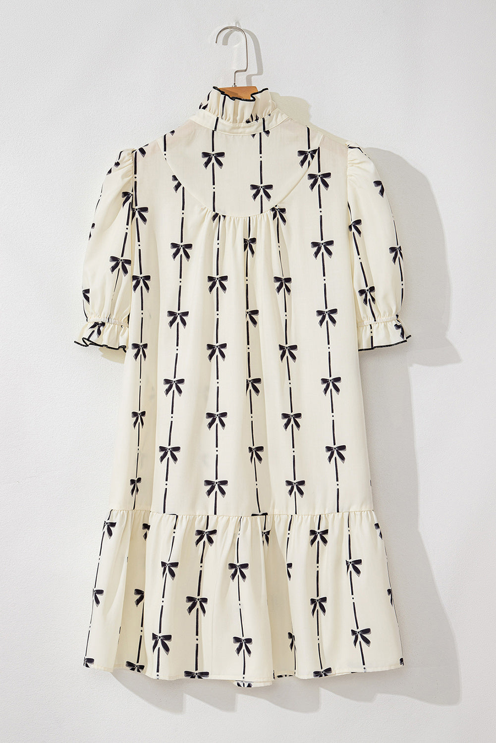Beige Cute Bowknot Printed Bubble Sleeve V Neck Mini Dress-Chaelisa's New Jammies