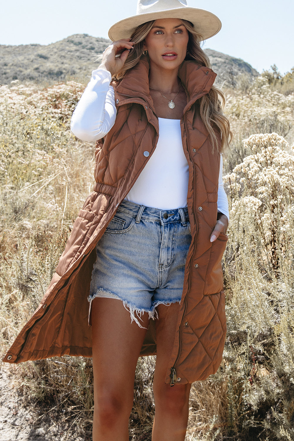 Coffee Longline Quilted Stand Collar Puffer Vest-Chaelisa's New Jammies