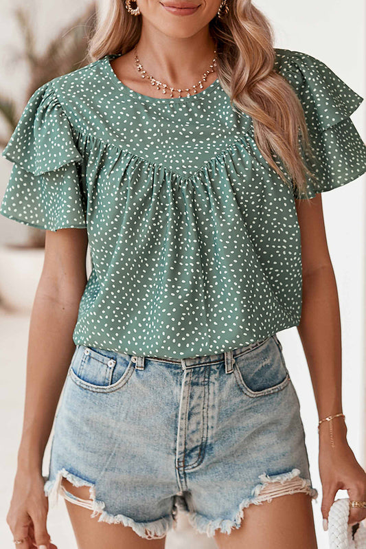 Laurel Green Spotted Print Pleated Ruffle Sleeve Blouse-Chaelisa's New Jammies