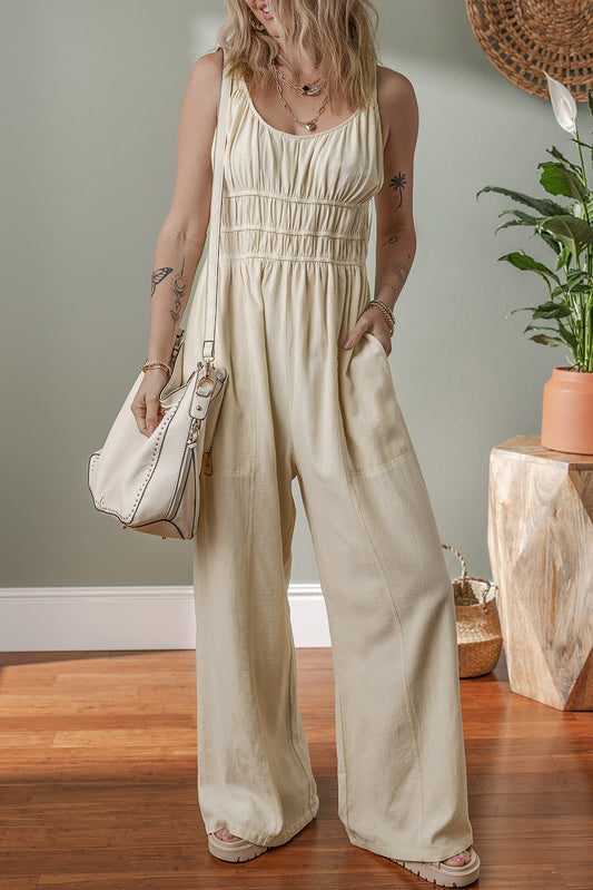 Beige Ruched High Waist Sleeveless Wide Leg Jumpsuit-Chaelisa's New Jammies
