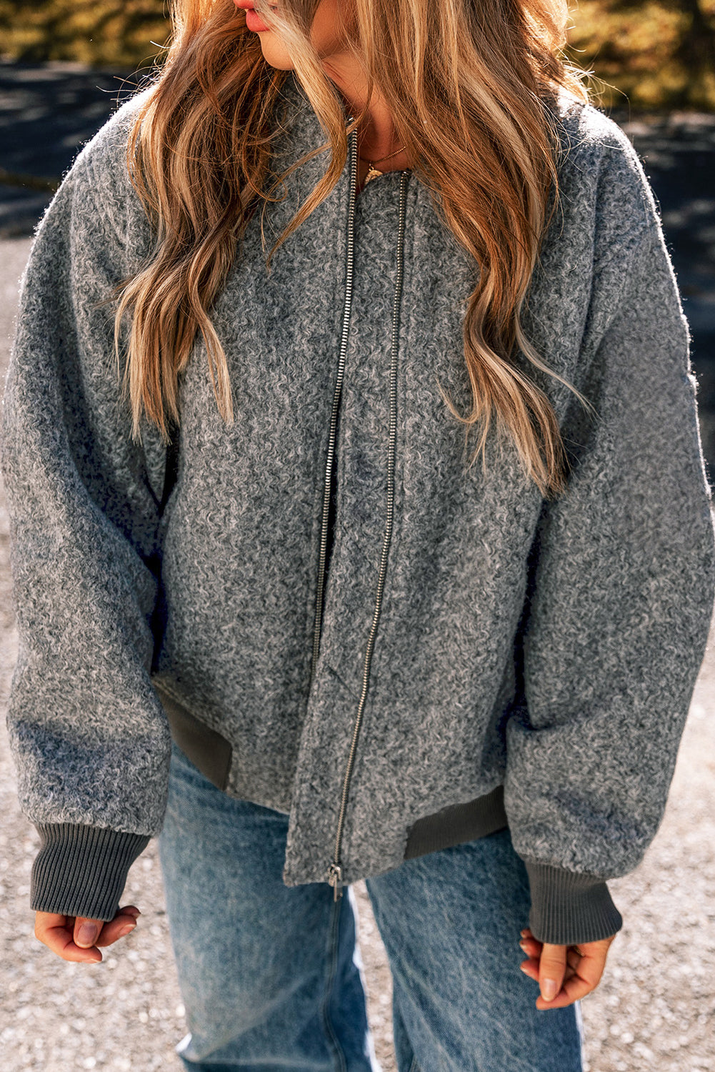 Medium Grey Fuzzy Zip Up Pocketed Sleeve Jacket-Chaelisa's New Jammies
