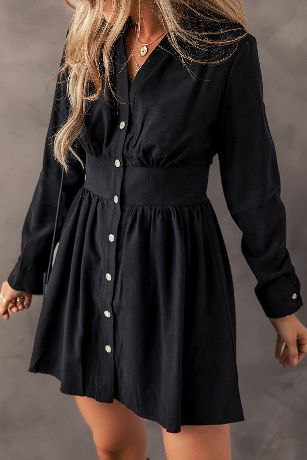 Black Elastic Cinched High Waist Long Sleeve Shirt Mini Dress-Chaelisa's New Jammies