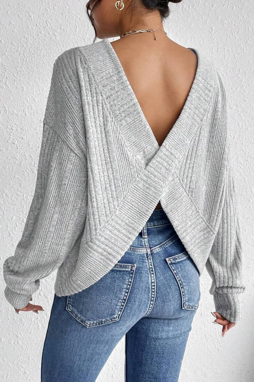Light Grey Textured Crossover Backless Knit Long Sleeve Top-Chaelisa's New Jammies
