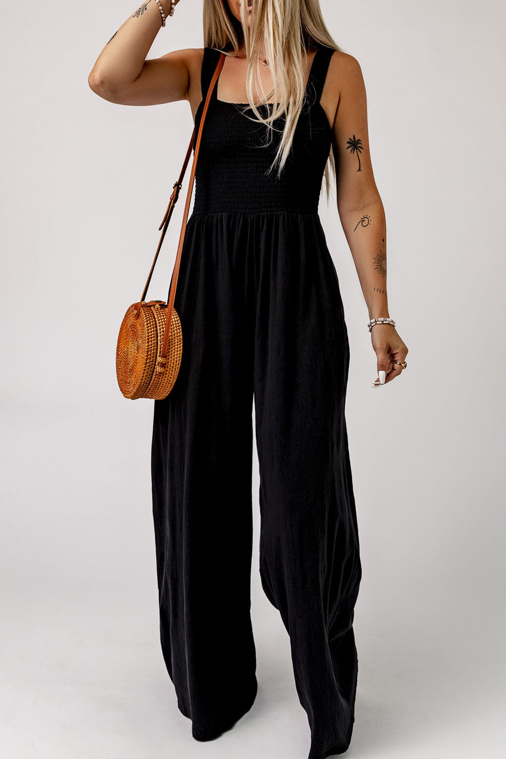 Black Smocked Sleeveless Wide Leg Jumpsuit with Pockets-Chaelisa's New Jammies