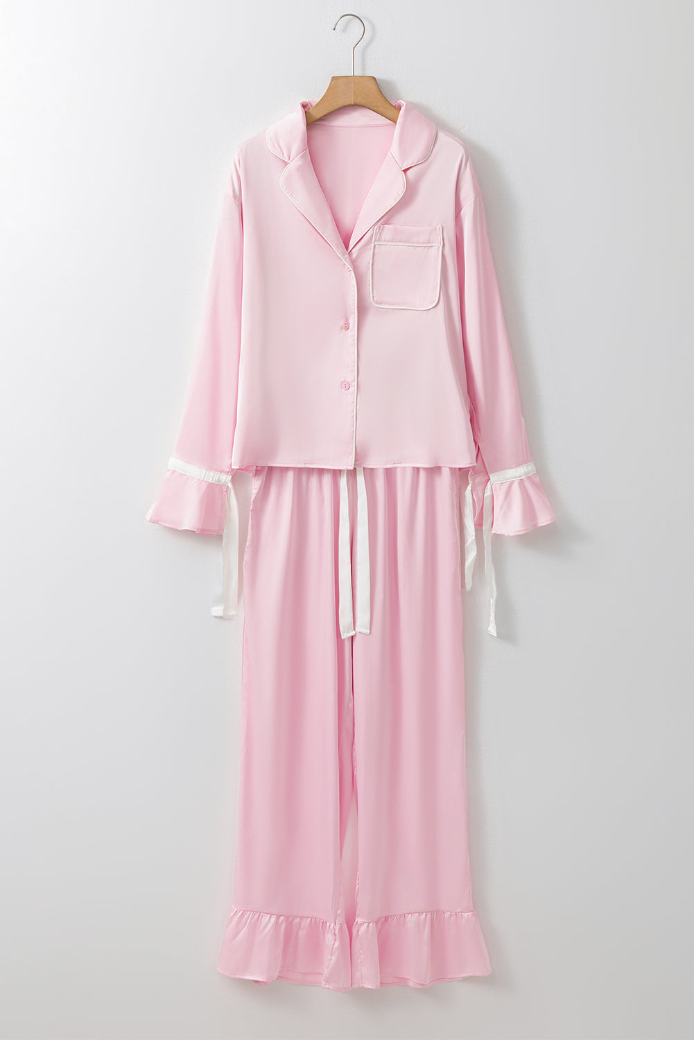 Light Pink Satin Knot Accent Shirt and Ruffled Pants Lounge Set-Chaelisa's New Jammies