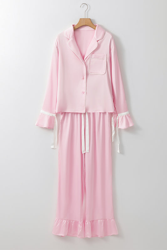 Light Pink Satin Knot Accent Shirt and Ruffled Pants Lounge Set-Chaelisa's New Jammies