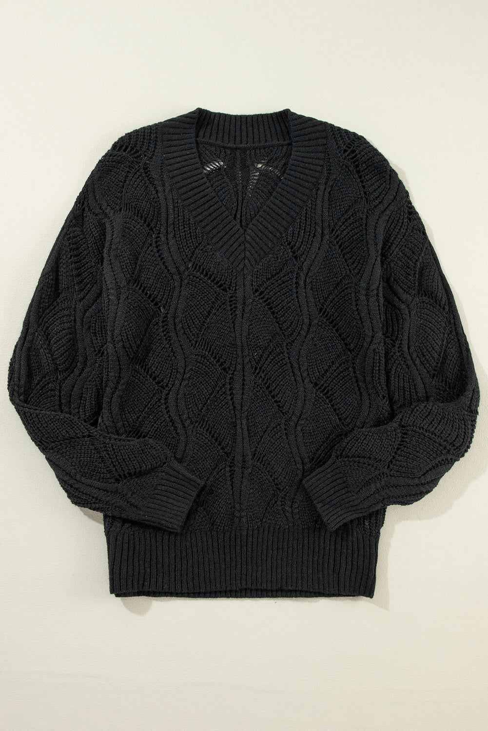 Black Hollow Out Knit V Neck Drop Shoulder Sweater-Chaelisa's New Jammies