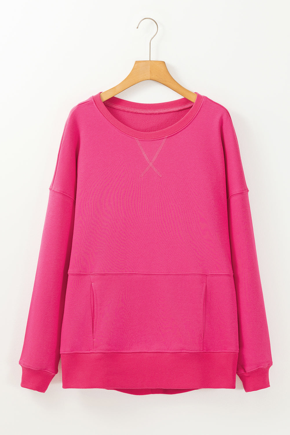 Rose Red Drop Shoulder Crisscross Stitching Pocketed Loose Sweatshirt-Chaelisa's New Jammies