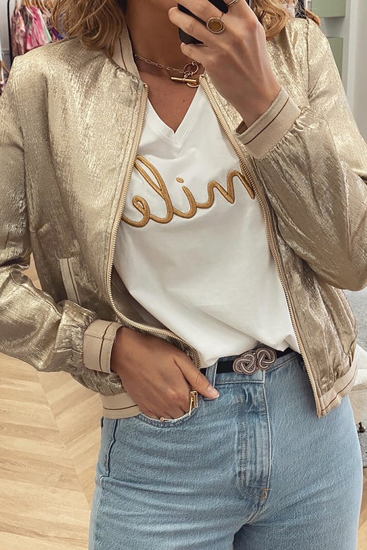 Pale Khaki Metallic Zip up Baseball Jacket-Chaelisa's New Jammies