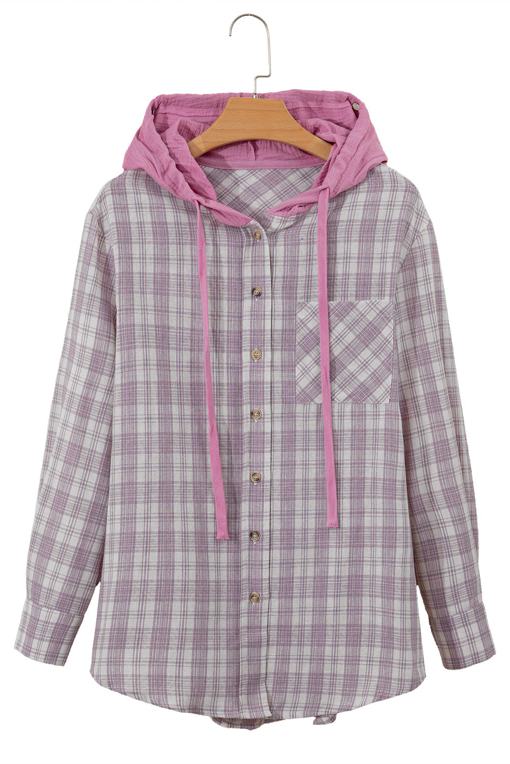 Pink Checkered Print Loose Fit Buttoned Hooded Shacket-Chaelisa's New Jammies