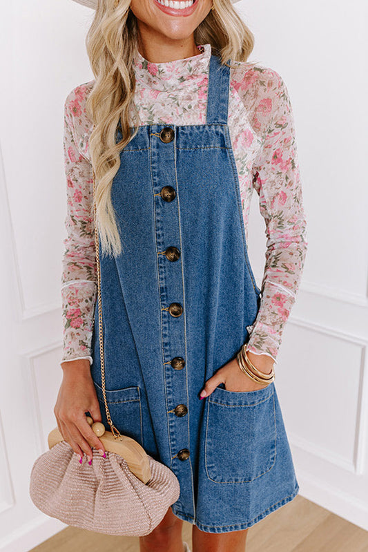 Dusk Blue Wide Strap Button Front Pocketed Denim Mini Dress-Chaelisa's New Jammies