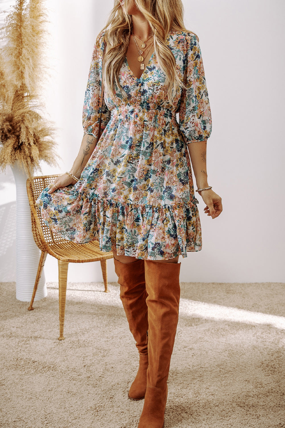 Sky Blue Floral 3/4 Sleeve V Neck High Waist Ruffled Dress-Chaelisa's New Jammies