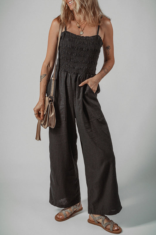 Black Spaghetti Straps Shirred Bodice Pocketed Wide Leg Jumpsuit-Chaelisa's New Jammies