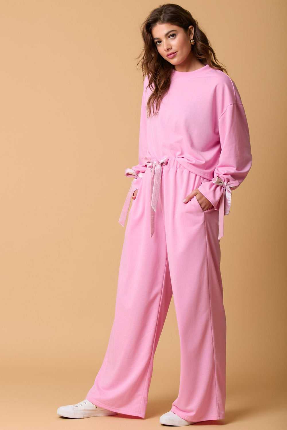 Bonbon Solid Color Drawstring Long Sleeve Top and Pants Set-Chaelisa's New Jammies