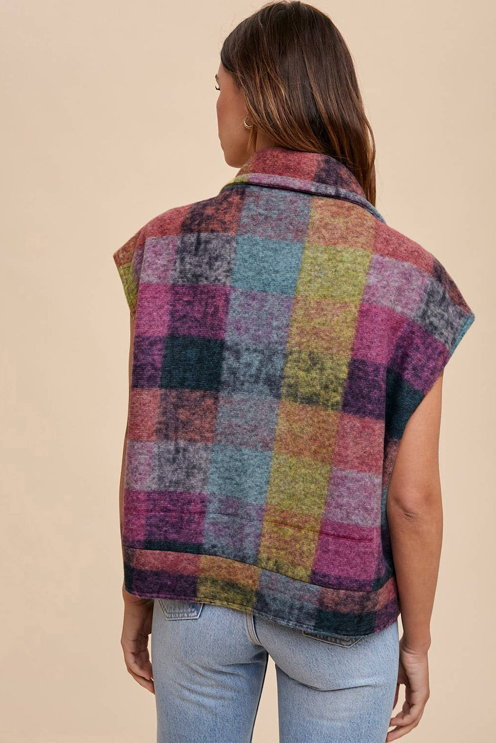 Multicolor Plaid Print Side Pockets Zipped Loose Vest-Chaelisa's New Jammies