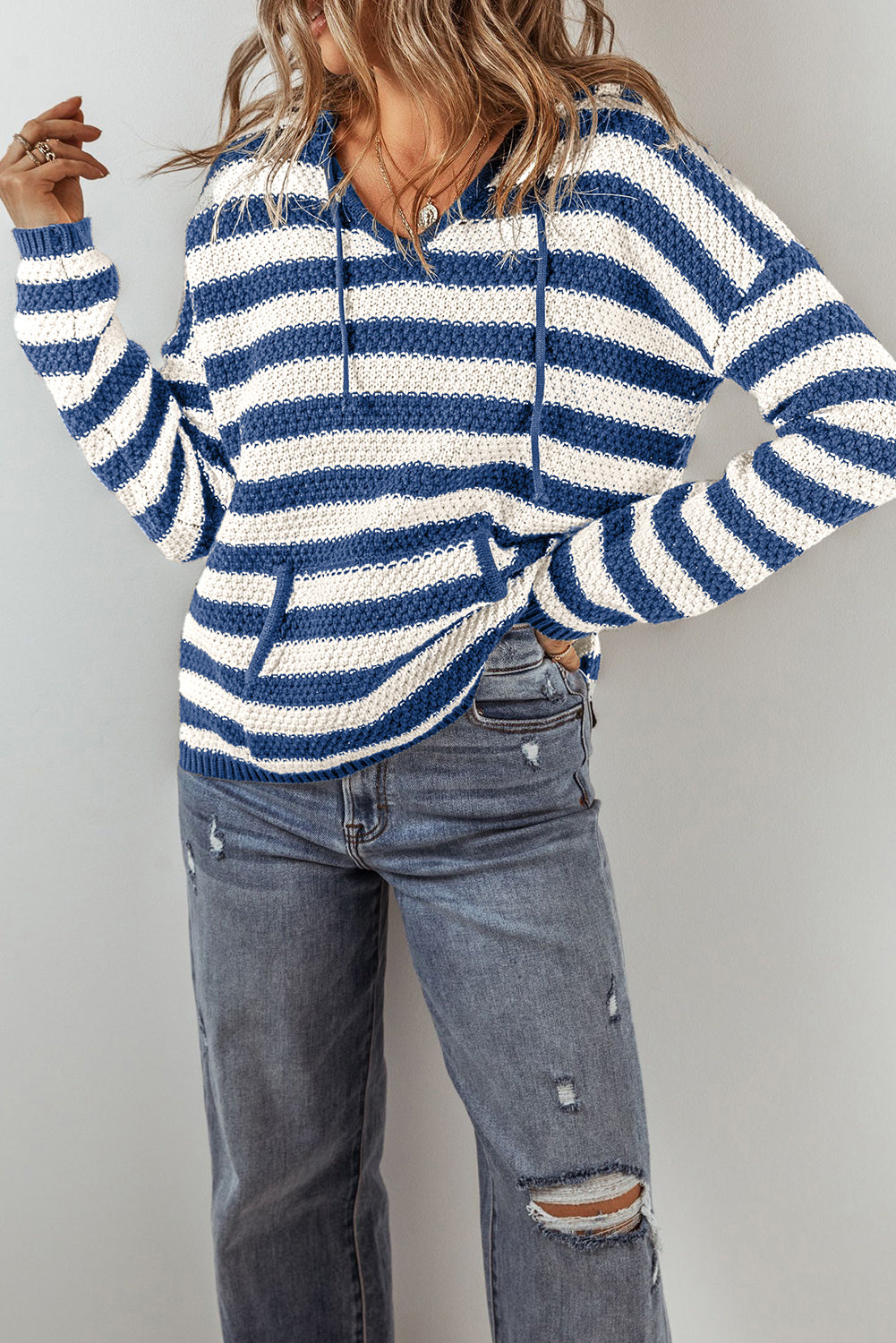 Blue Stripe V Neck Pocketed Drawstring Hooded Sweater-Chaelisa's New Jammies