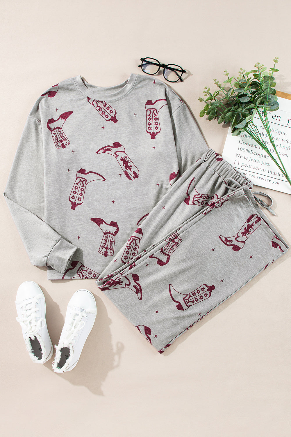 Gray Cowgirl Boots Printed Long Sleeve Top Pants Lounge Set-Chaelisa's New Jammies