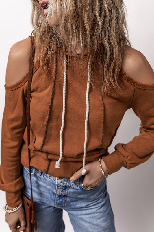 Cinnamon Exposed Seam Cold Shoulder Drawstring Hoodie-Chaelisa's New Jammies